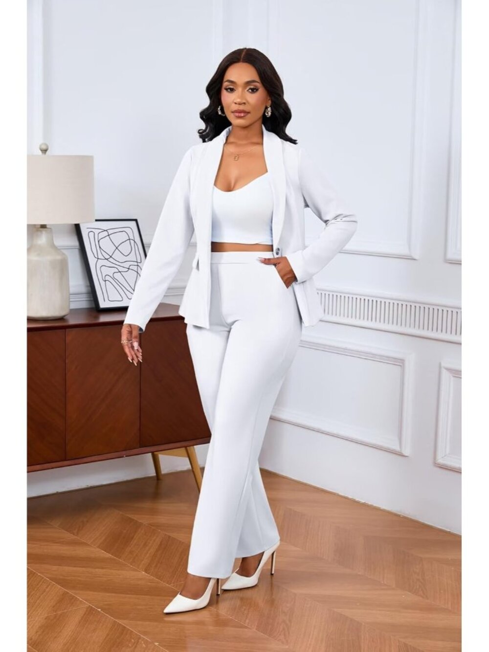 Women's White 2 Piece Pant Suits Dressy Blazer Straight Leg Set Formal Outfits - Picture 2 of 6